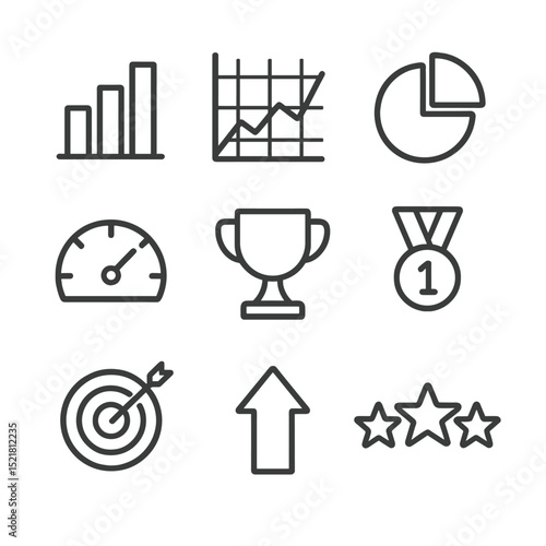 Statistics Icon Set. Outline icon set of hundredth percentile statistics: bar chart, line graph, pie slice, KPI gauge, trophy,