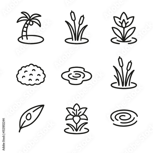Hydration Icon Set. Outline icon set of hydration in nature: oasis palm, marsh reed, bog lily, moss cushion, puddle reflection,