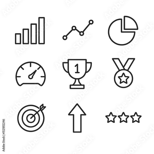 Statistics Icon Set. Outline icon set of hundredth percentile statistics: bar chart, line graph, pie slice, KPI gauge, trophy,