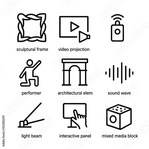 Hybrid Art Icon Set. Outline icon set of hybrid art installations: sculptural frame, video projection, reactive sensor, performer