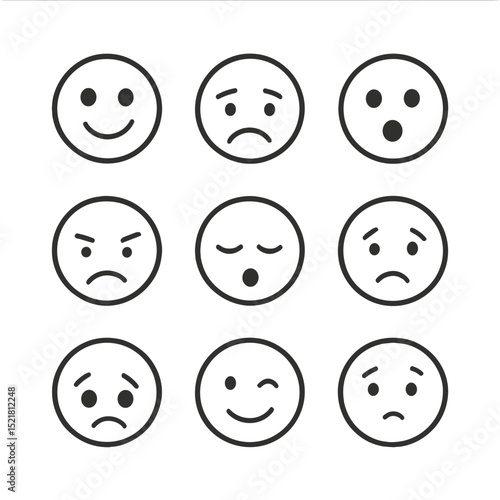 Facial Expressions Icons. Outline icon set of emotions and faces coloring worksheet: happy face, sad face, surprised face, angry