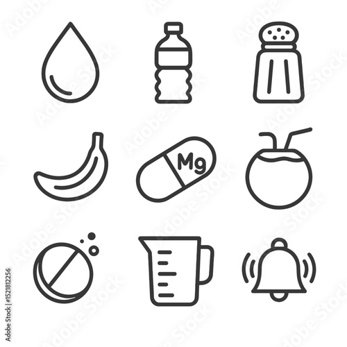 Hydration Icon Set. Outline icon set of hydration and electrolytes: water droplet, sports drink bottle, salt shaker, potassium