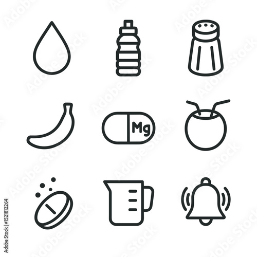 Hydration Icon Set. Outline icon set of hydration and electrolytes: water droplet, sports drink bottle, salt shaker, potassium