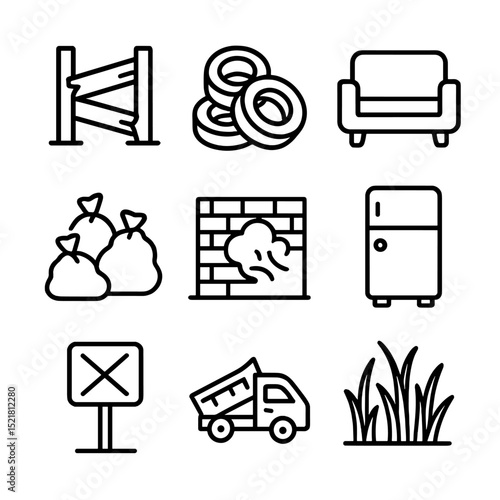 Illegal Dumping Icons. Outline icon set of illegal dumping sites: broken fence, tire pile, dumped sofa, trash bag heap, graffiti