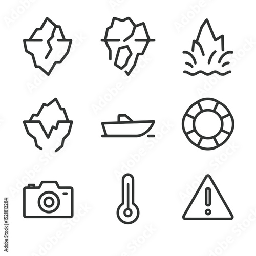 Iceberg Calving Icons. Outline icon set of iceberg calving: fractured iceberg, falling ice block, water splash, jagged edge, boat