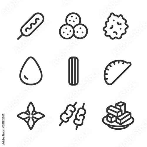 Street Snack Icons. Outline icon set of street-style fried snacks: corn dog, falafel, pakora, arancini, churro, empanada, crab