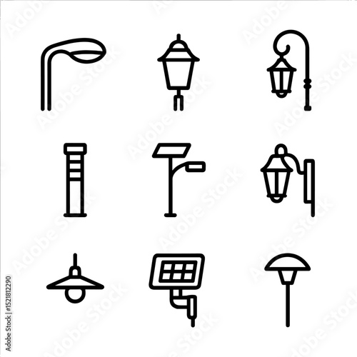 Streetlight Icon Set. Outline icon set of streetlight designs and types: cobra head luminaire, post-top lantern, decorative lamp,