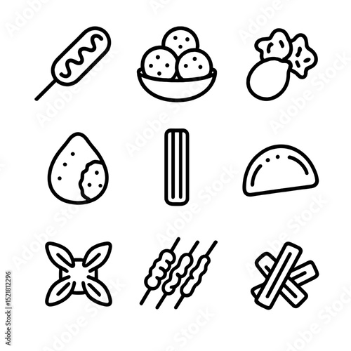 Street Snack Icons. Outline icon set of street-style fried snacks: corn dog, falafel, pakora, arancini, churro, empanada, crab