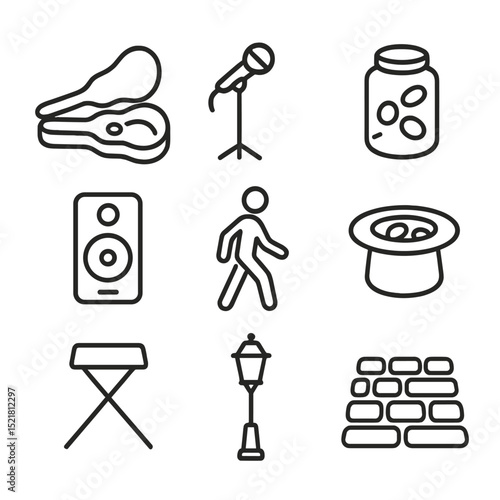 Street Performance Icons. Outline icon set of street performance busking: open guitar case, busker mic, tip jar, portable speaker,