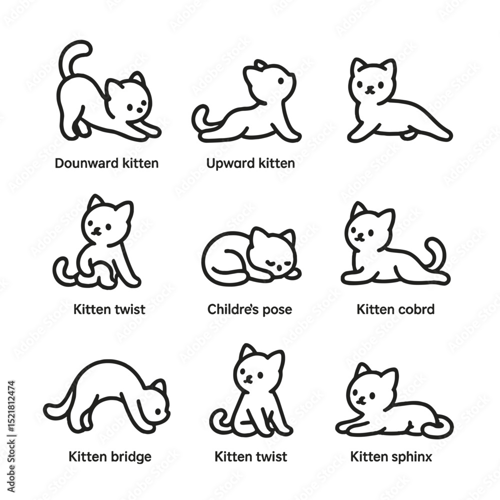 Kitten Yoga Icons. Outline icon set of kitten yoga poses: downward kitten, upward kitten, kitten plank, kitten twist, kitten child Kitten Yoga Icons. Outline icon set of kitten yoga poses: downward kitten, upward kitten, kitten plank, kitten twist, kitten child