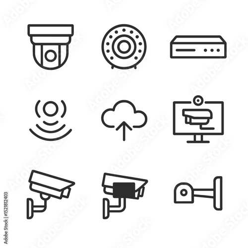 Surveillance Icon Set. Outline icon set of surveillance and monitoring: PTZ camera, night vision lens, DVR recorder, video feed,