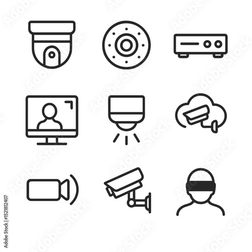 Surveillance Icon Set. Outline icon set of surveillance and monitoring: PTZ camera, night vision lens, DVR recorder, video feed,