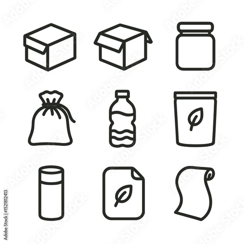 Sustainable Packaging Icons. Outline icon set of sustainable packaging designs: kraft paper box, corrugated carton, glass jar,