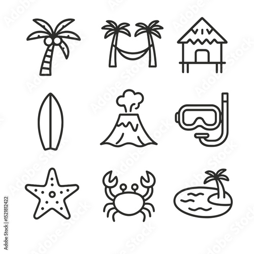 Island Paradise Icons. Outline icon set of island paradise: coconut palm, hammock, tiki hut, surfboard, volcano, snorkel mask,