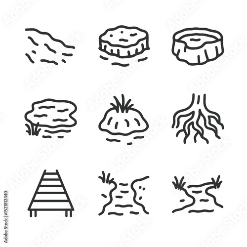 Swamp Terrain Icons. Outline icon set of swamp terrain features: mud bank, peat bog, floating mat, sinkhole, backwater pool,
