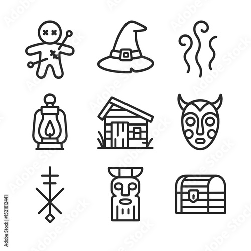 Swamp Folklore Icons. Outline icon set of swamp folklore and mystique: voodoo doll, swamp witch hat, ghostly mist, lantern glow,