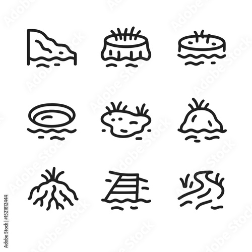 Swamp Terrain Icons. Outline icon set of swamp terrain features: mud bank, peat bog, floating mat, sinkhole, backwater pool,
