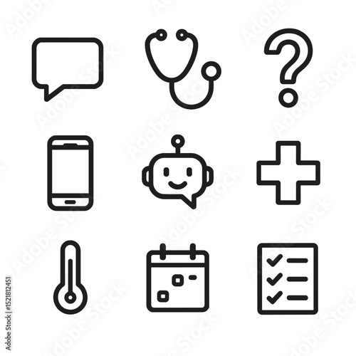Symptom Checker Icon Set. Outline icon set of symptom checker chatbot: chat bubble, stethoscope, question mark, smartphone, AI