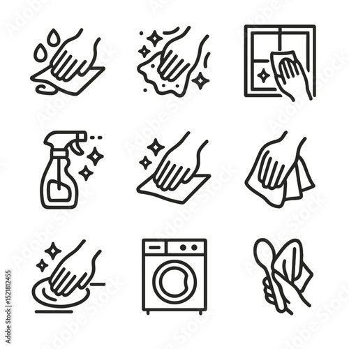 Kitchen Cleaning Icons. Outline icon set of kitchen cleaning tasks: spill wipe, grease removal, window shine, surface sanitize,