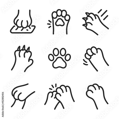 Kitten Paw Icon Set. Outline icon set of kitten paw movements: kneading pads, paw tap, swat gesture, grip claws, paw shake, paw