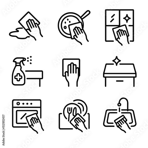 Kitchen Cleaning Icons. Outline icon set of kitchen cleaning tasks: spill wipe, grease removal, window shine, surface sanitize,