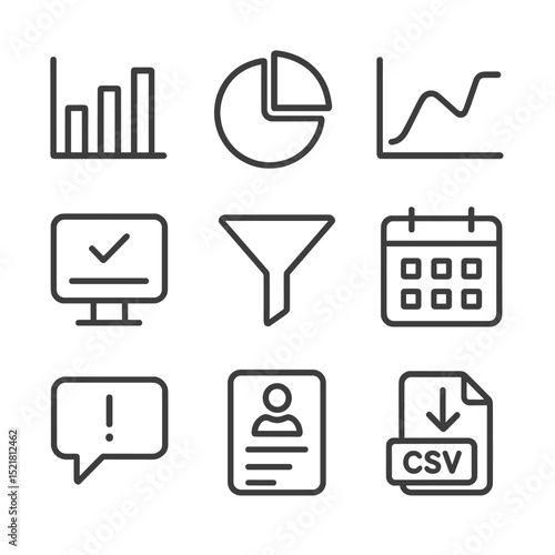 Teacher Dashboard Icons. Outline icon set of teacher dashboard analytics: bar chart, pie graph, line graph, KPI widget, filter