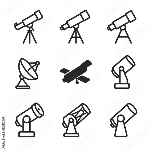 Telescope Icon Set. Outline icon set of telescope types and designs: refractor telescope, reflector telescope, catadioptric