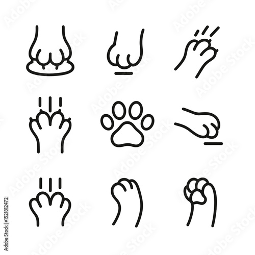 Kitten Paw Icon Set. Outline icon set of kitten paw movements: kneading pads, paw tap, swat gesture, grip claws, paw shake, paw