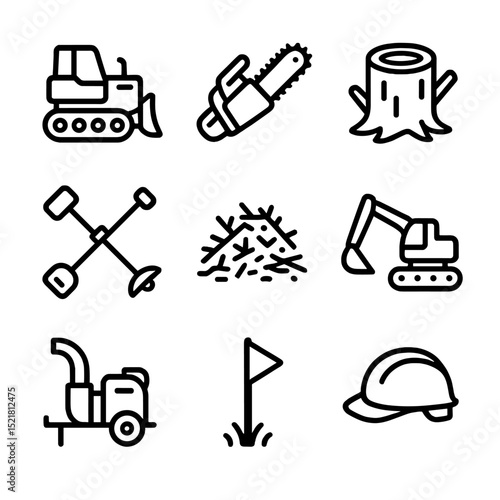 Land Clearing Icons. Outline icon set of land clearing operations: bulldozer, chainsaw, tree stump, brush cutter, debris pile,
