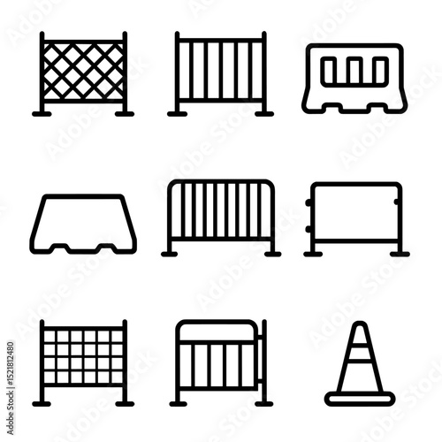Temporary Fence Icons. Outline icon set of temporary fence types: chain link fence, steel panel, plastic barrier, concrete barrier