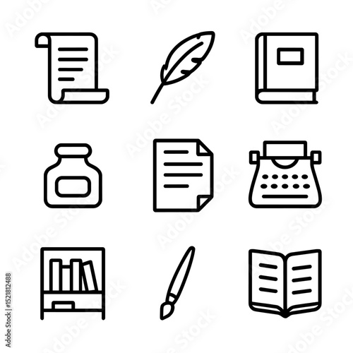 Literature Icons Set. Outline icon set of World literature symbols: scroll, quill, codex, inkwell, manuscript, typewriter, library