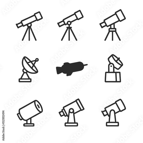 Telescope Icon Set. Outline icon set of telescope types and designs: refractor telescope, reflector telescope, catadioptric