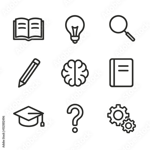 Learning Icons Grid. Outline icon set of learning process: open book, lightbulb, magnifying glass, pencil, brain, notebook,