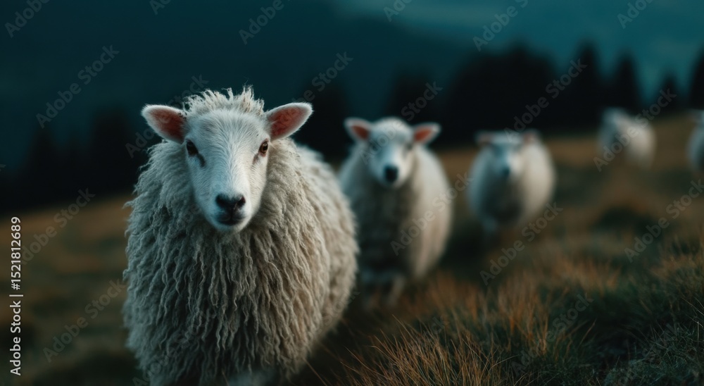 Fototapeta premium Flock of Sheep Grazing in a Field at Dusk, Showcasing Animal Husbandry and Sustainable Agriculture Practices : Generative AI