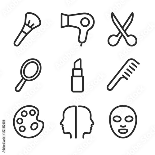 Makeover Icon Set. Outline icon set of makeover transformations: makeup brush, hairdryer, scissors, hand mirror, lipstick tube,