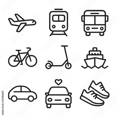Transport Icon Set. Outline icon set of transport modes: airplane, train, bus, bicycle, scooter, ferry, rental car, rideshare car,