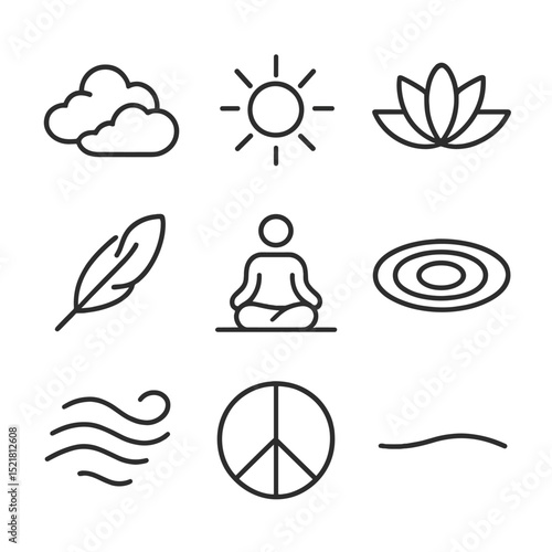 Meditative Sky Icons. Outline icon set of meditative sky visuals: calm cloud bank, zen sunbeam, lotus petal rays, horizon