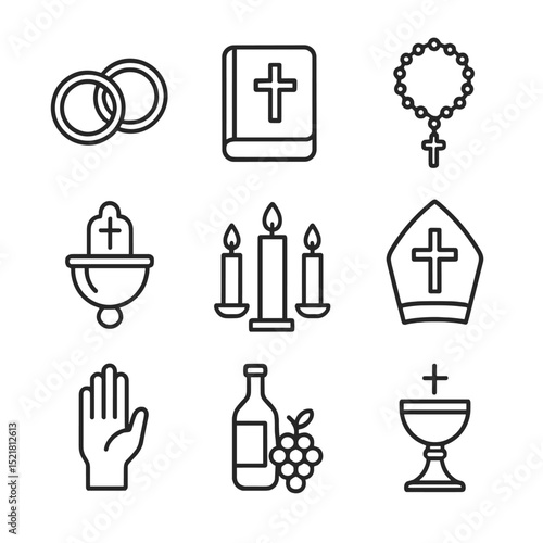 Marriage Sacrament Icons. Outline icon set of sacrament of marriage: wedding rings, bible, rosary, holy water font, unity candle,