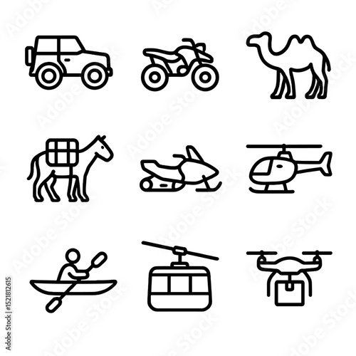 Transportation Icon Set. Outline icon set of transportation methods: off-road vehicle, ATV, camel, pack mule, snowmobile,