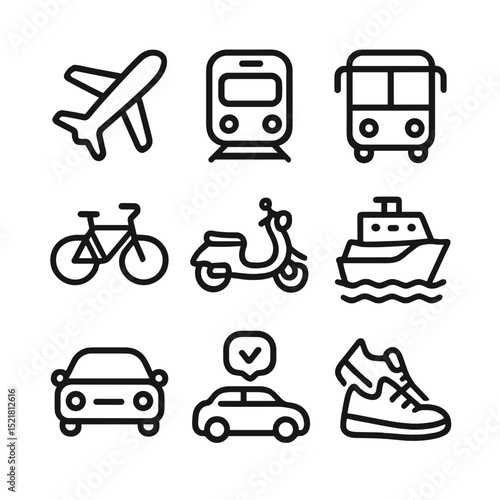 Transport Icon Set. Outline icon set of transport modes: airplane, train, bus, bicycle, scooter, ferry, rental car, rideshare car,