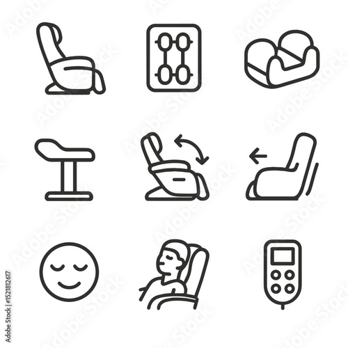 Massage Chair Icons. Outline icon set of therapeutic massage chair: chair, massage rollers, footrest, armrest, recliner, backrest,