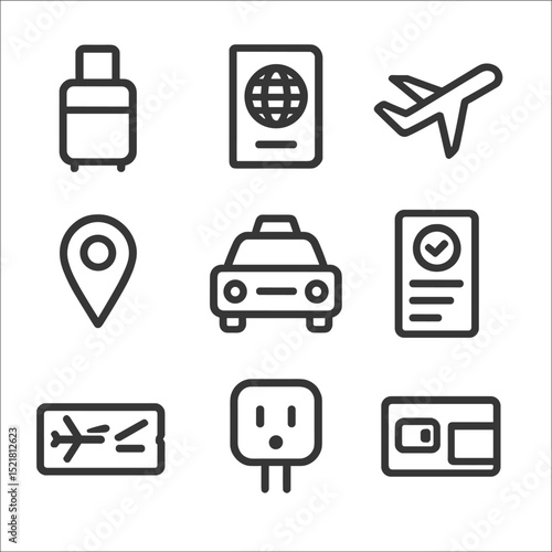 Travel Icon Set. Outline icon set of travel and cast trips: rolling suitcase, passport booklet, airplane icon, hotel keycard, map