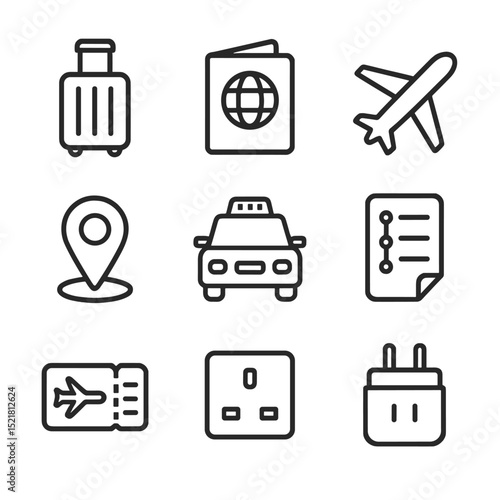 Travel Icon Set. Outline icon set of travel and cast trips: rolling suitcase, passport booklet, airplane icon, hotel keycard, map