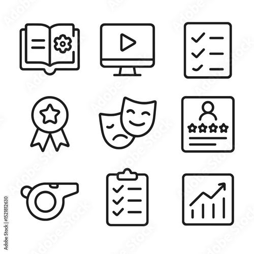 Service Training Icons. Outline icon set of service training and quality: training manual, e-learning video, quiz checkbox,