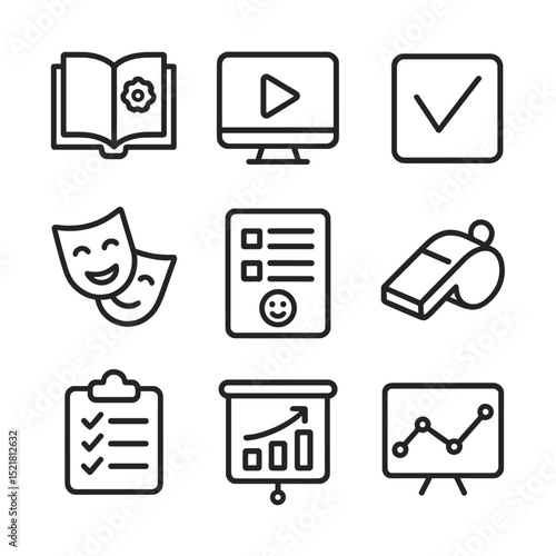 Service Training Icons. Outline icon set of service training and quality: training manual, e-learning video, quiz checkbox,