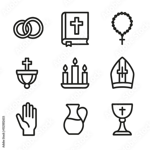Marriage Sacrament Icons. Outline icon set of sacrament of marriage: wedding rings, bible, rosary, holy water font, unity candle,