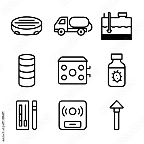 Septic Tank Maintenance Icons. Outline icon set of septic tank upkeep: septic tank cover, pumping truck, sludge level indicator,