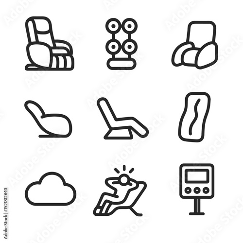Massage Chair Icons. Outline icon set of therapeutic massage chair: chair, massage rollers, footrest, armrest, recliner, backrest,