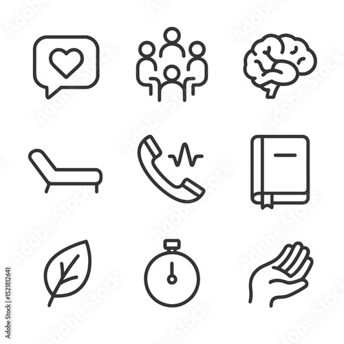 Mental Health Icons. Outline icon set of mental health support networks: speech bubble with heart, support group circle, therapy