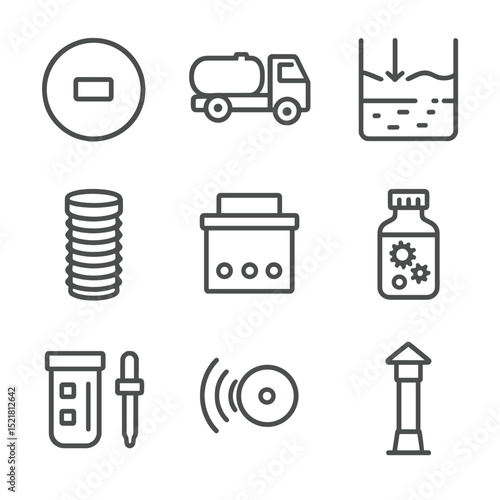 Septic Tank Maintenance Icons. Outline icon set of septic tank upkeep: septic tank cover, pumping truck, sludge level indicator,